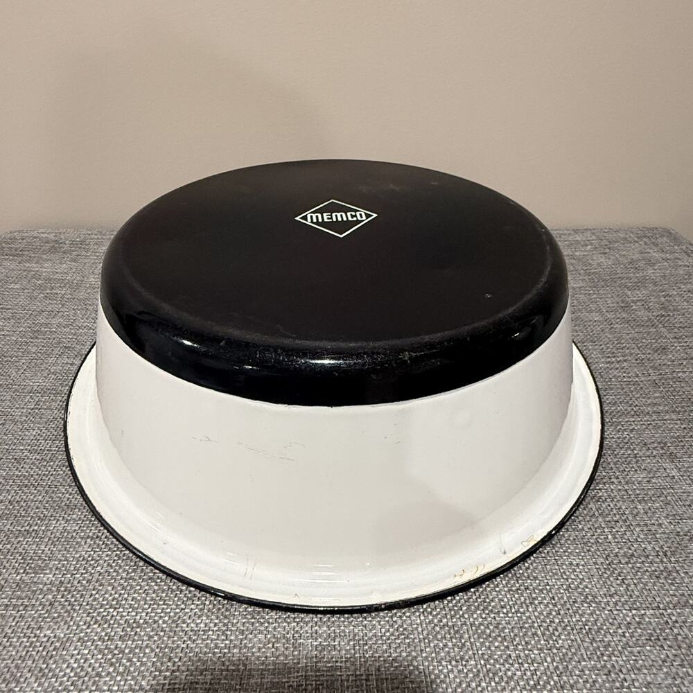 Vintage 11-12” Black-Rimmed White Enamelware Bowl
